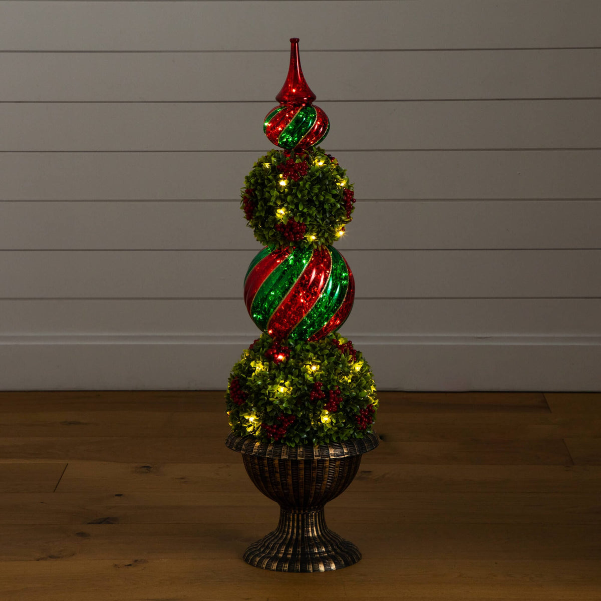 3' Pre-Lit Artificial Christmas Ornament Boxwood Topiary Tree with 70 Warm White LED Lights