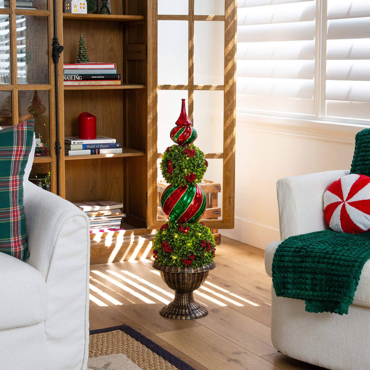 3' Pre-Lit Artificial Christmas Ornament Boxwood Topiary Tree with 70 Warm White LED Lights