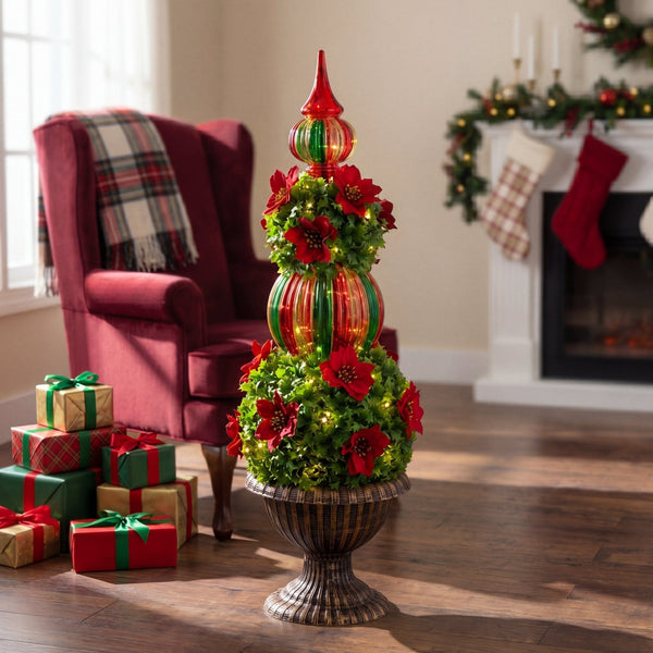3’ Pre-Lit Artificial Christmas Ornament Holly Berry Topiary Tree with Poinsettias and 70 LED Lights in Decorative Urn