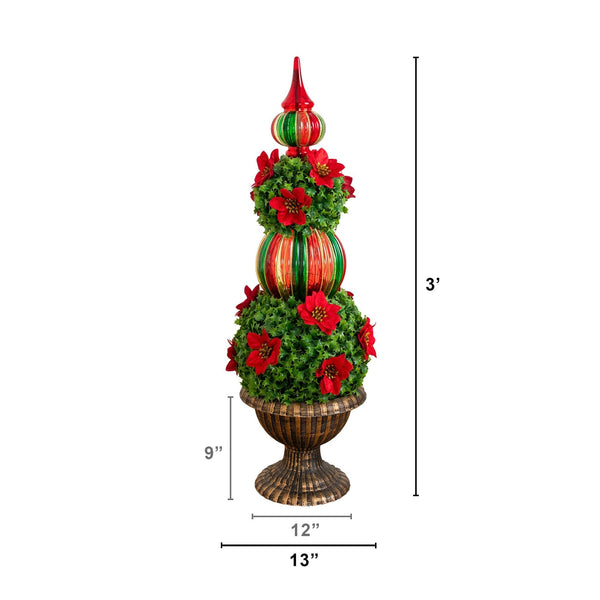 3’ Pre-Lit Artificial Christmas Ornament Holly Berry Topiary Tree with Poinsettias and 70 LED Lights in Decorative Urn