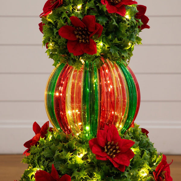 3’ Pre-Lit Artificial Christmas Ornament Holly Berry Topiary Tree with Poinsettias and 70 LED Lights in Decorative Urn