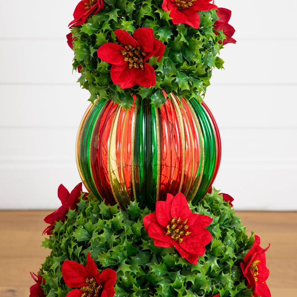 3’ Pre-Lit Artificial Christmas Ornament Holly Berry Topiary Tree with Poinsettias and 70 LED Lights in Decorative Urn