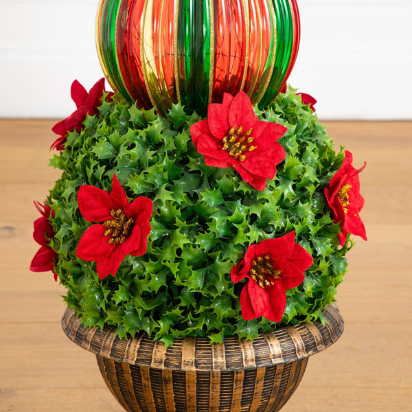 3’ Pre-Lit Artificial Christmas Ornament Holly Berry Topiary Tree with Poinsettias and 70 LED Lights in Decorative Urn
