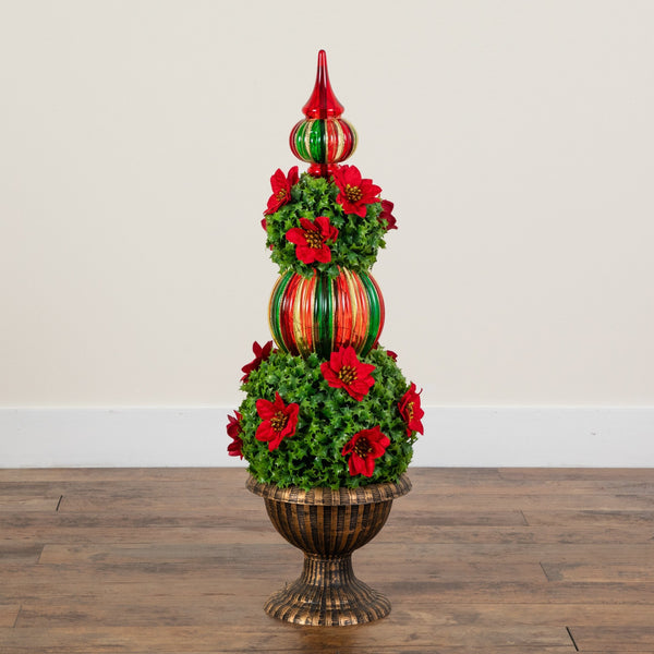 3’ Pre-Lit Artificial Christmas Ornament Holly Berry Topiary Tree with Poinsettias and 70 LED Lights in Decorative Urn