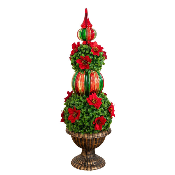 3’ Pre-Lit Artificial Christmas Ornament Holly Berry Topiary Tree with Poinsettias and 70 LED Lights in Decorative Urn