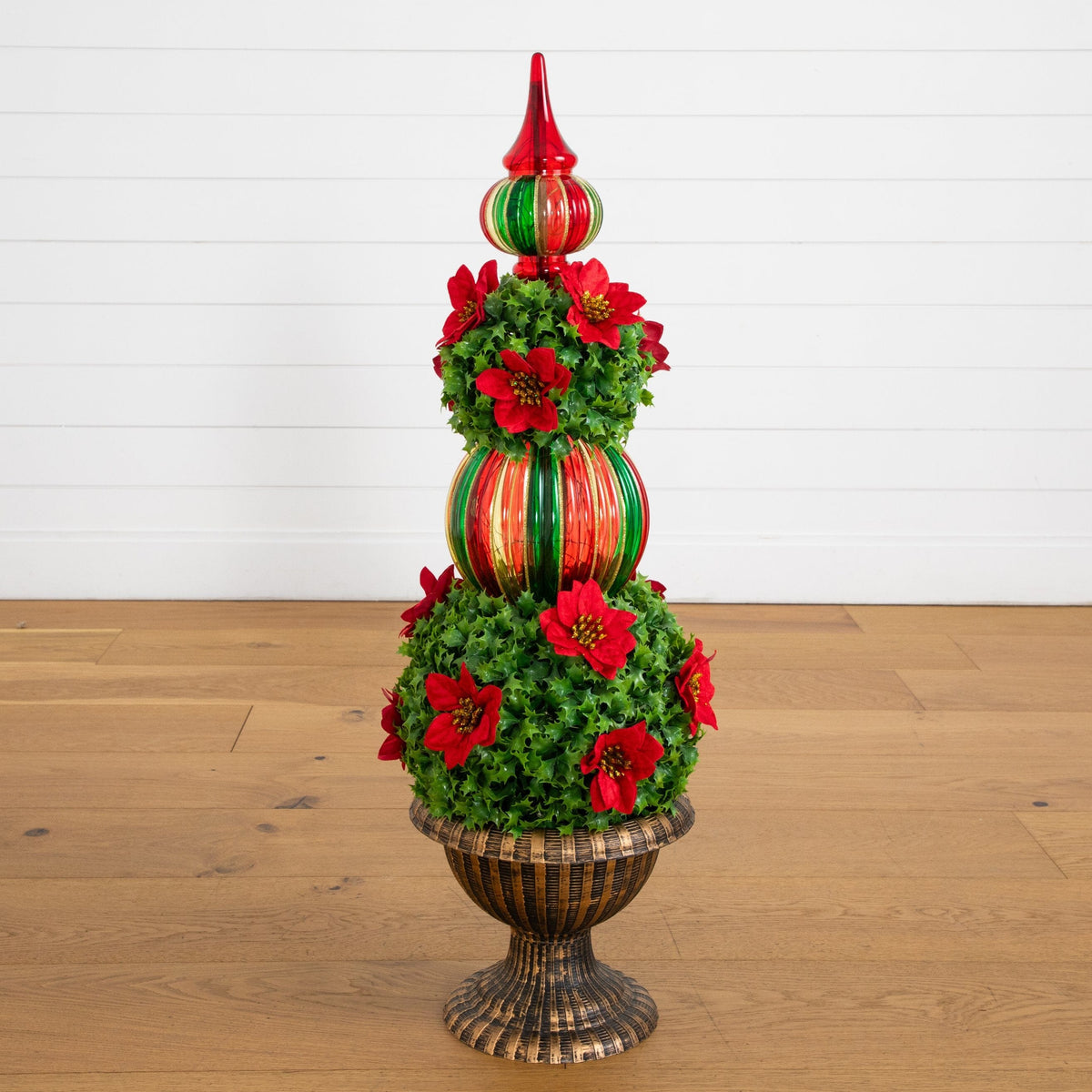3’ Pre-Lit Artificial Christmas Ornament Holly Berry Topiary Tree with Poinsettias and 70 LED Lights in Decorative Urn