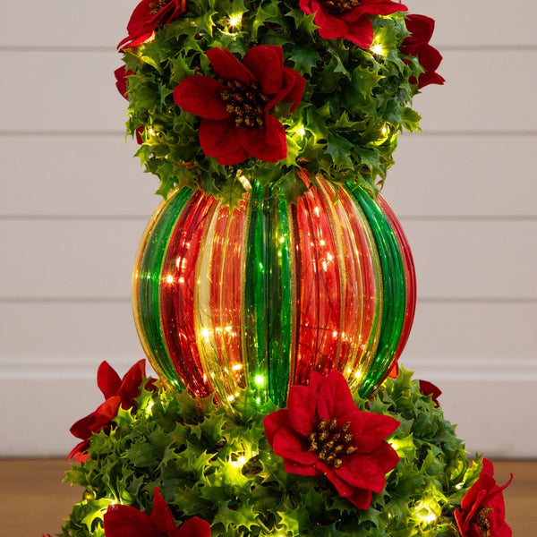 3’ Pre-Lit Artificial Christmas Ornament Holly Berry Topiary Tree with Poinsettias and 70 LED Lights in Decorative Urn