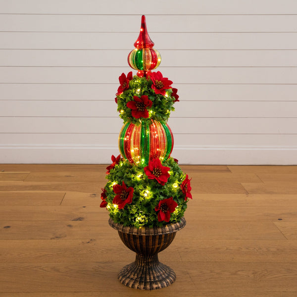 3’ Pre-Lit Artificial Christmas Ornament Holly Berry Topiary Tree with Poinsettias and 70 LED Lights in Decorative Urn