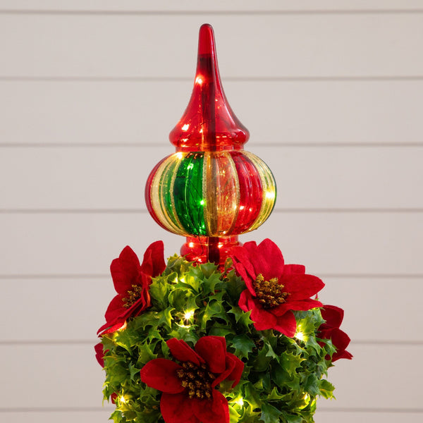 3’ Pre-Lit Artificial Christmas Ornament Holly Berry Topiary Tree with Poinsettias and 70 LED Lights in Decorative Urn
