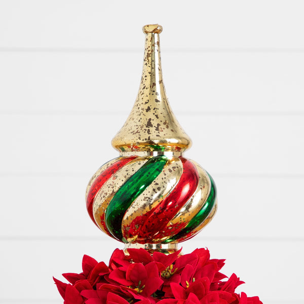 3’ Pre-Lit Artificial Christmas Poinsettia Topiary Tree with Finial Ornament and 70 LED Lights in Decorative Urn