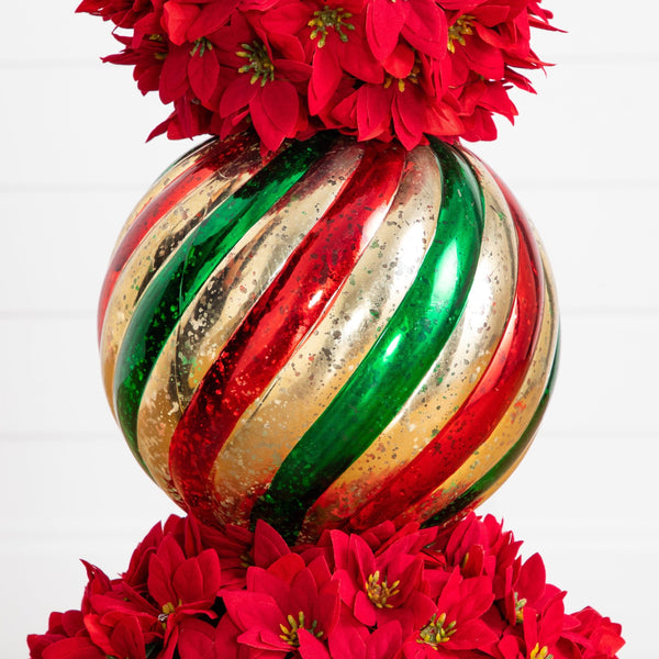 3’ Pre-Lit Artificial Christmas Poinsettia Topiary Tree with Finial Ornament and 70 LED Lights in Decorative Urn
