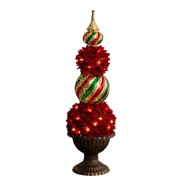3’ Pre-Lit Artificial Christmas Poinsettia Topiary Tree with Finial Ornament and 70 LED Lights in Decorative Urn