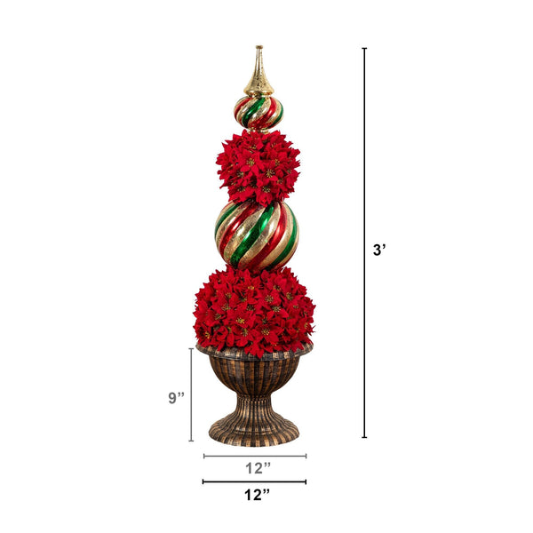3’ Pre-Lit Artificial Christmas Poinsettia Topiary Tree with Finial Ornament and 70 LED Lights in Decorative Urn