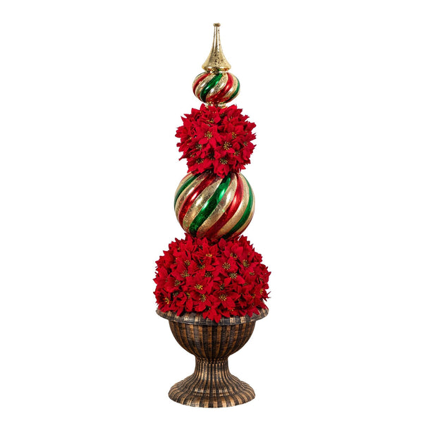 3’ Pre-Lit Artificial Christmas Poinsettia Topiary Tree with Finial Ornament and 70 LED Lights in Decorative Urn