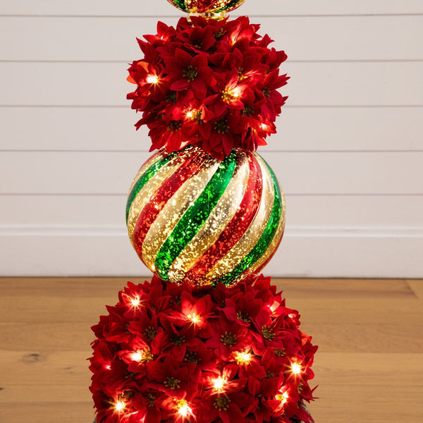 3’ Pre-Lit Artificial Christmas Poinsettia Topiary Tree with Finial Ornament and 70 LED Lights in Decorative Urn