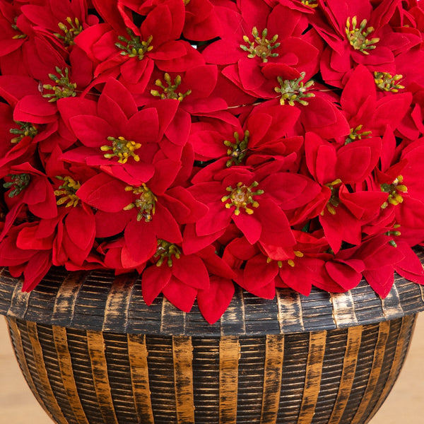 3’ Pre-Lit Artificial Christmas Poinsettia Topiary Tree with Finial Ornament and 70 LED Lights in Decorative Urn