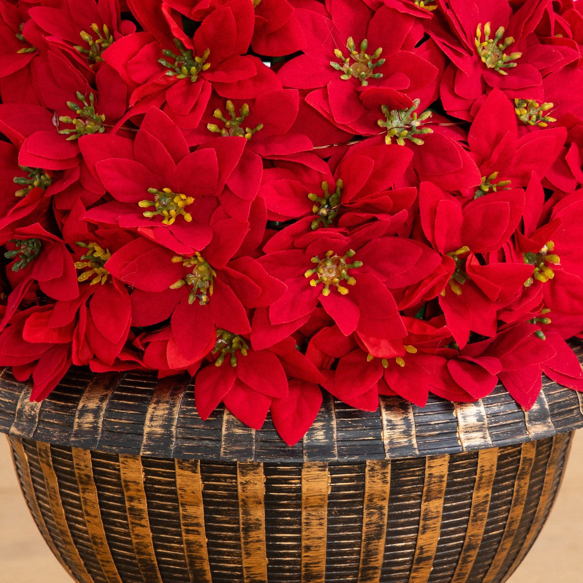 3’ Pre-Lit Artificial Christmas Poinsettia Topiary Tree with Finial Ornament and 70 LED Lights in Decorative Urn