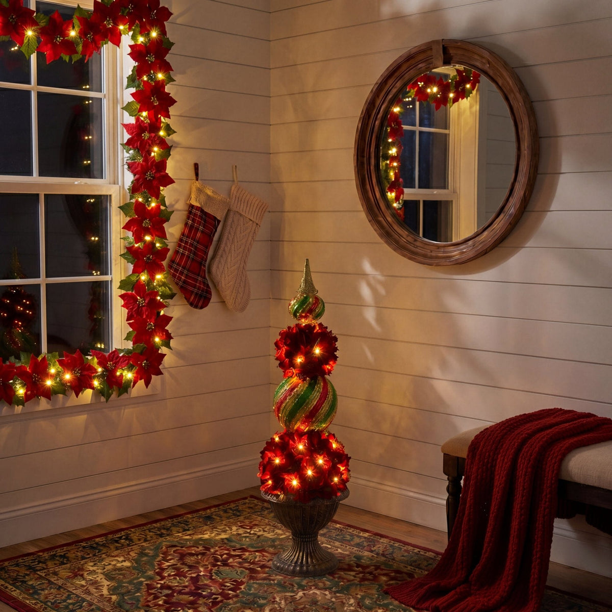 3’ Pre-Lit Artificial Christmas Poinsettia Topiary Tree with Finial Ornament and 70 LED Lights in Decorative Urn