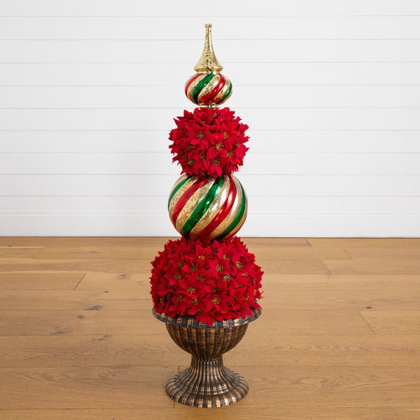 3’ Pre-Lit Artificial Christmas Poinsettia Topiary Tree with Finial Ornament and 70 LED Lights in Decorative Urn