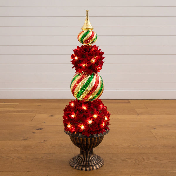 3’ Pre-Lit Artificial Christmas Poinsettia Topiary Tree with Finial Ornament and 70 LED Lights in Decorative Urn