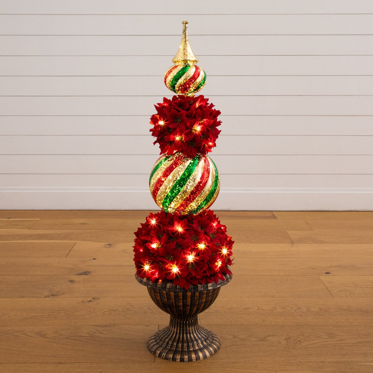 3’ Pre-Lit Artificial Christmas Poinsettia Topiary Tree with Finial Ornament and 70 LED Lights in Decorative Urn