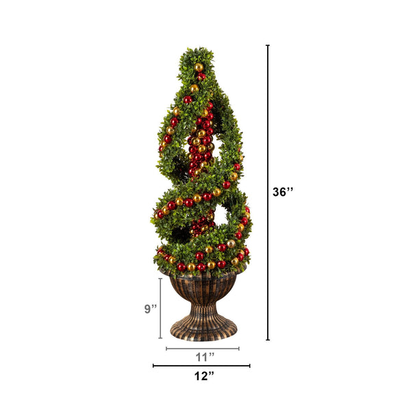 3' Pre-Lit Artificial Christmas Spiral Boxwood Topiary Tree with Ornaments and 70 LED Lights in Decorative Urn