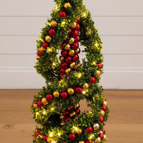 3' Pre-Lit Artificial Christmas Spiral Boxwood Topiary Tree with Ornaments and 70 LED Lights in Decorative Urn