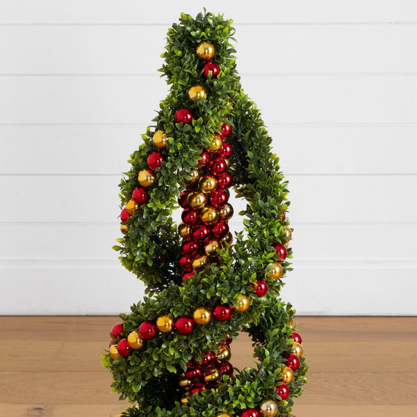 3' Pre-Lit Artificial Christmas Spiral Boxwood Topiary Tree with Ornaments and 70 LED Lights in Decorative Urn