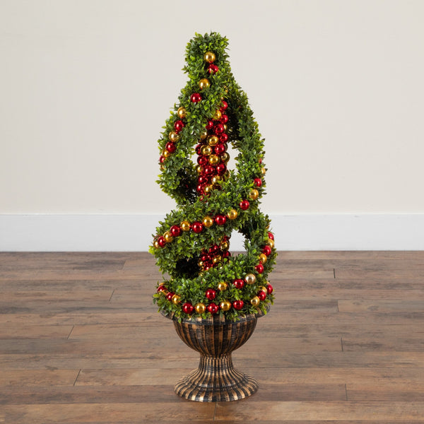 3' Pre-Lit Artificial Christmas Spiral Boxwood Topiary Tree with Ornaments and 70 LED Lights in Decorative Urn