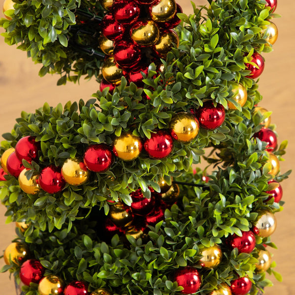 3' Pre-Lit Artificial Christmas Spiral Boxwood Topiary Tree with Ornaments and 70 LED Lights in Decorative Urn