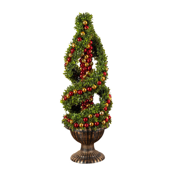 3' Pre-Lit Artificial Christmas Spiral Boxwood Topiary Tree with Ornaments and 70 LED Lights in Decorative Urn
