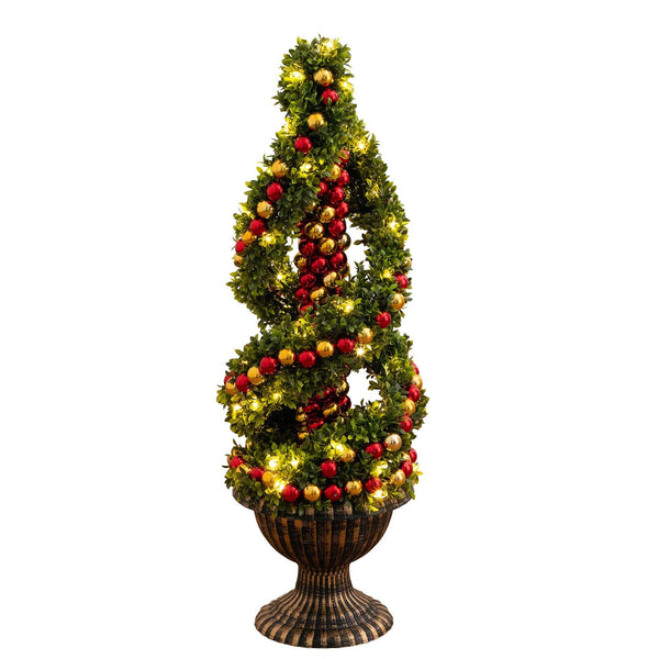 3' Pre-Lit Artificial Christmas Spiral Boxwood Topiary Tree with Ornaments and 70 LED Lights in Decorative Urn