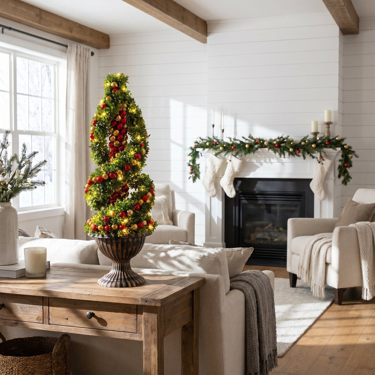 3' Pre-Lit Artificial Christmas Spiral Boxwood Topiary Tree with Ornaments and 70 LED Lights in Decorative Urn