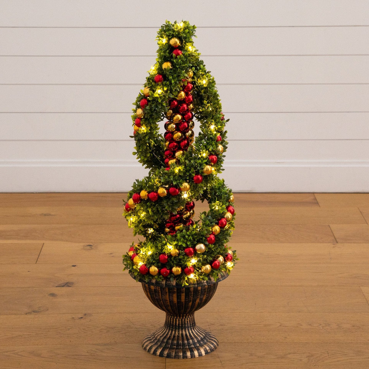 3' Pre-Lit Artificial Christmas Spiral Boxwood Topiary Tree with Ornaments and 70 LED Lights in Decorative Urn
