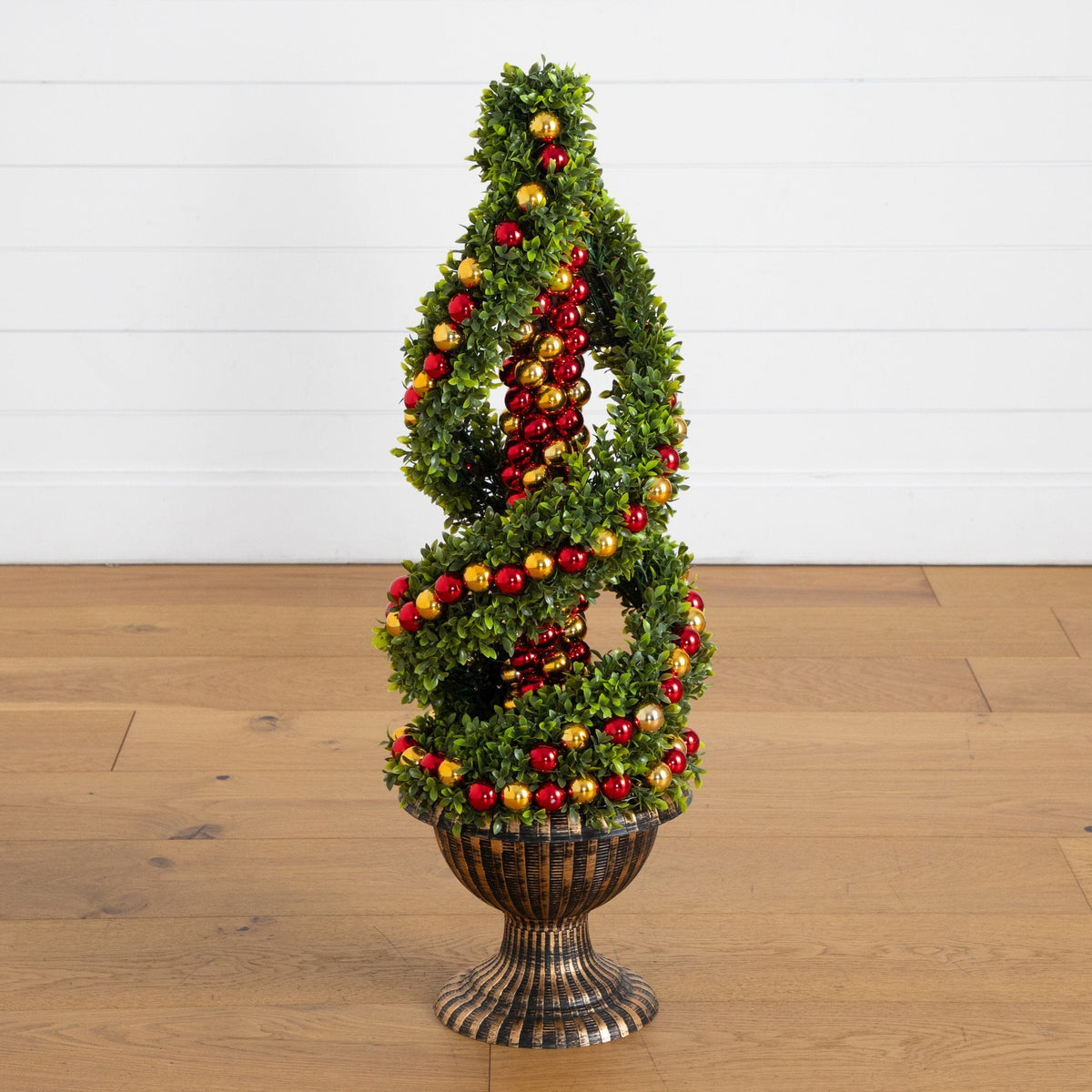 3' Pre-Lit Artificial Christmas Spiral Boxwood Topiary Tree with Ornaments and 70 LED Lights in Decorative Urn