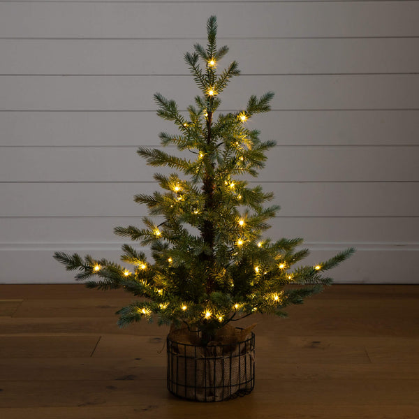 3' Pre-Lit Artificial Christmas Tree in Jute Wire Planter with 30 Warm White LED Lights