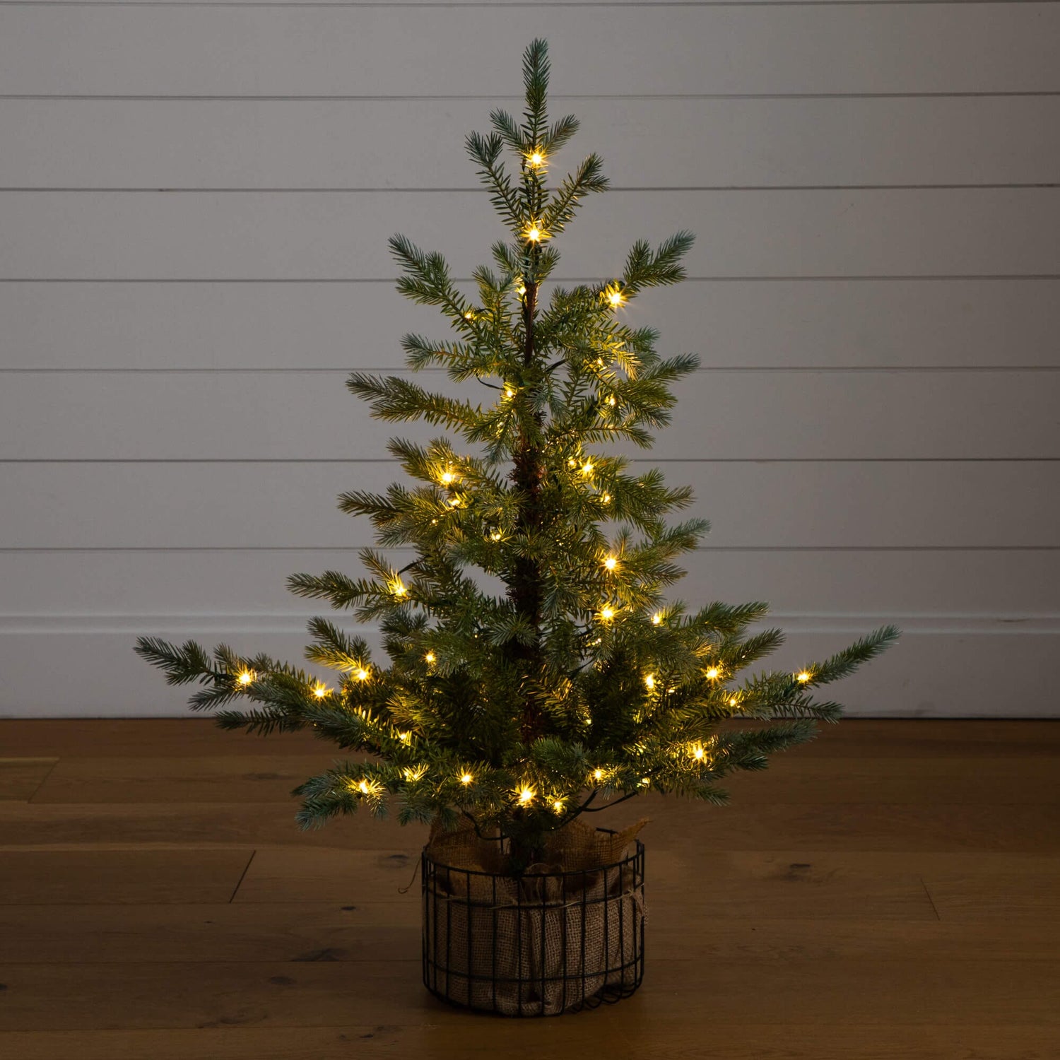 3' Pre-Lit Artificial Christmas Tree in Jute Wire Planter with 30 Warm White LED Lights