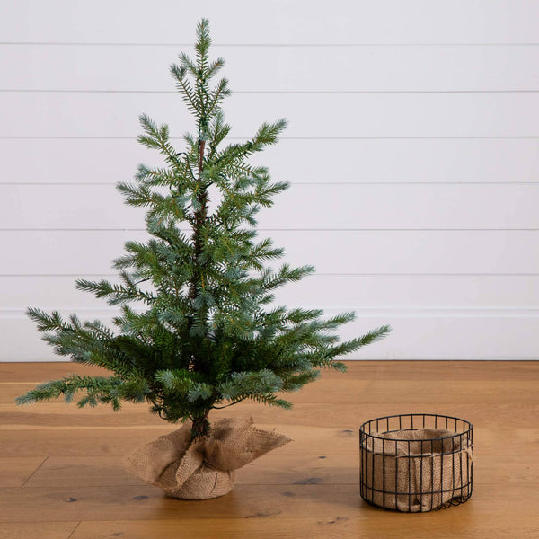 3' Pre-Lit Artificial Christmas Tree in Jute Wire Planter with 30 Warm White LED Lights