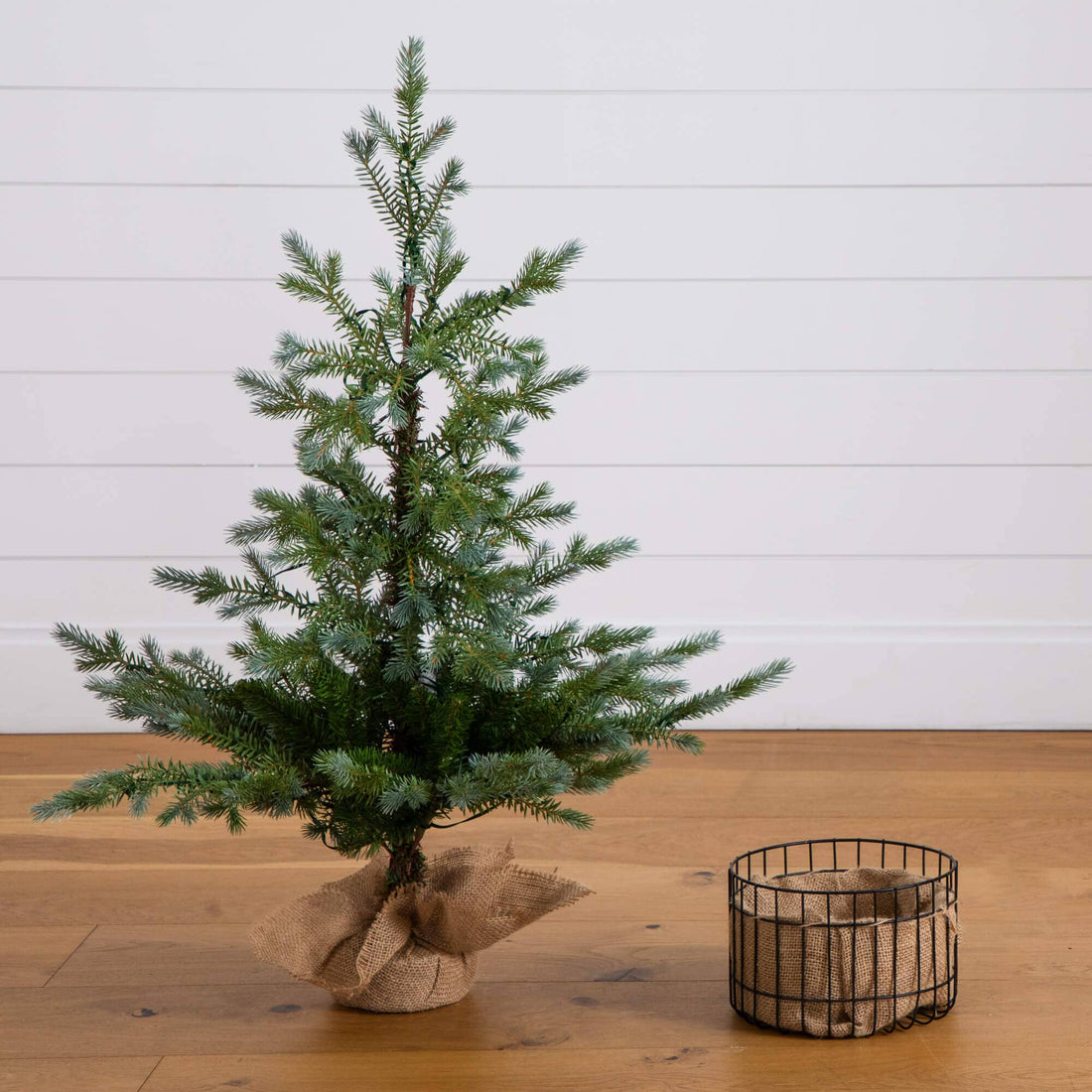 3' Pre-Lit Artificial Christmas Tree in Jute Wire Planter with 30 Warm –  Nearly Natural, image size:1100x1100