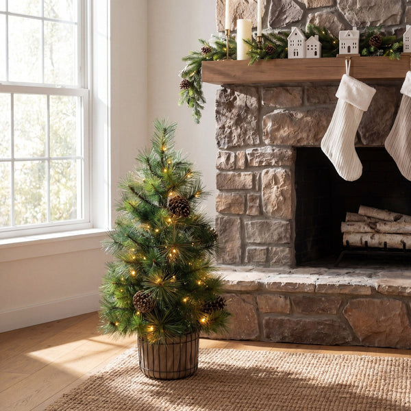 3' Pre-Lit Artificial Christmas Tree in Jute Wire Planter with 50 LED Lights