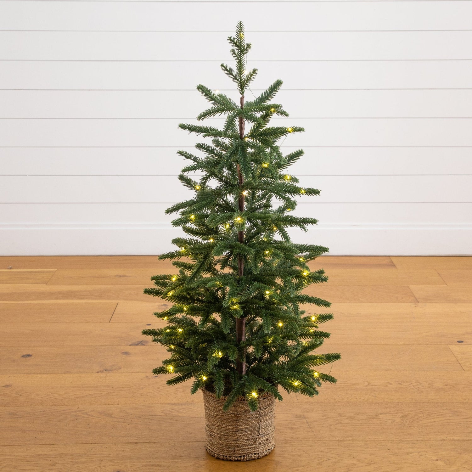 3’ Pre-Lit Artificial Christmas Tree with 60 LED Lights in Hyacinth Basket