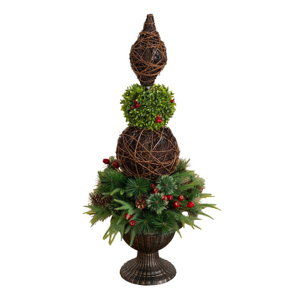 3’ Pre-Lit Artificial Finial Boxwood Ornament Mixed Pine Topiary Christmas Tree with 70 LED Lights in Decorative Urn