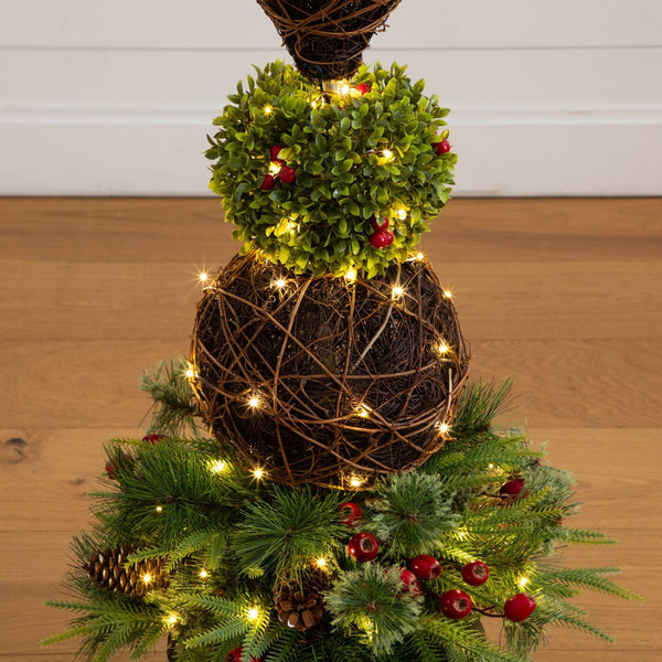 3’ Pre-Lit Artificial Finial Boxwood Ornament Mixed Pine Topiary Christmas Tree with 70 LED Lights in Decorative Urn