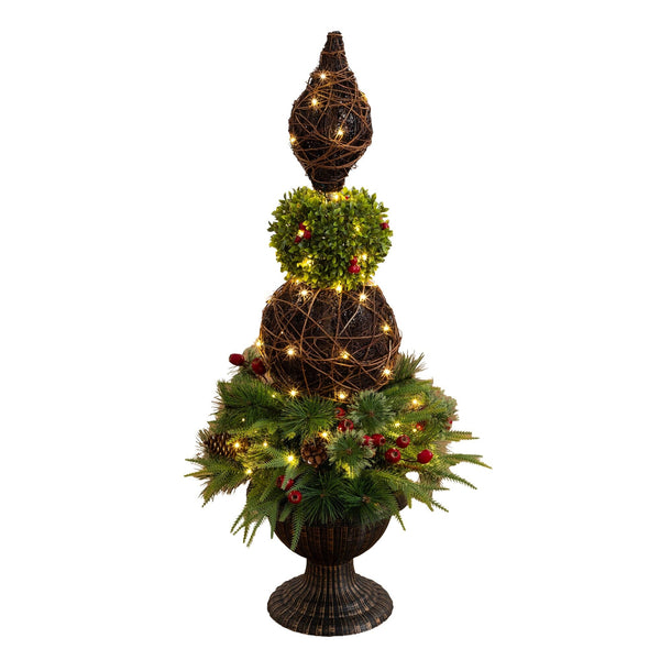 3’ Pre-Lit Artificial Finial Boxwood Ornament Mixed Pine Topiary Christmas Tree with 70 LED Lights in Decorative Urn