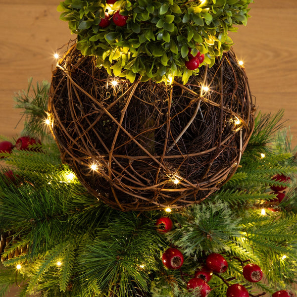 3’ Pre-Lit Artificial Finial Boxwood Ornament Mixed Pine Topiary Christmas Tree with 70 LED Lights in Decorative Urn