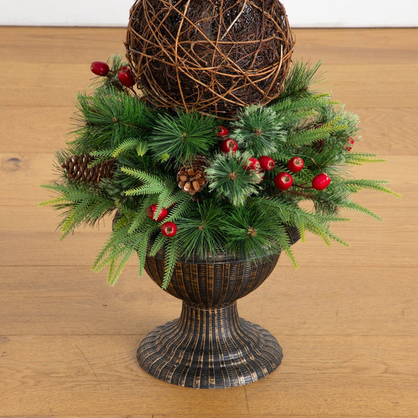 3’ Pre-Lit Artificial Finial Boxwood Ornament Mixed Pine Topiary Christmas Tree with 70 LED Lights in Decorative Urn