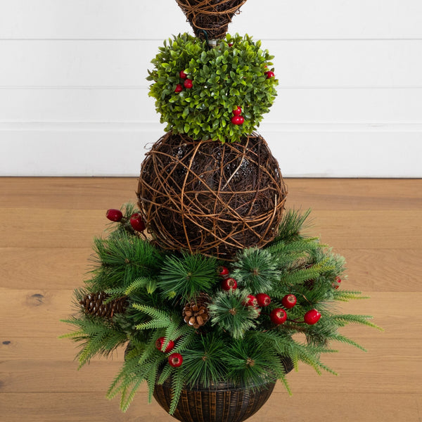 3’ Pre-Lit Artificial Finial Boxwood Ornament Mixed Pine Topiary Christmas Tree with 70 LED Lights in Decorative Urn
