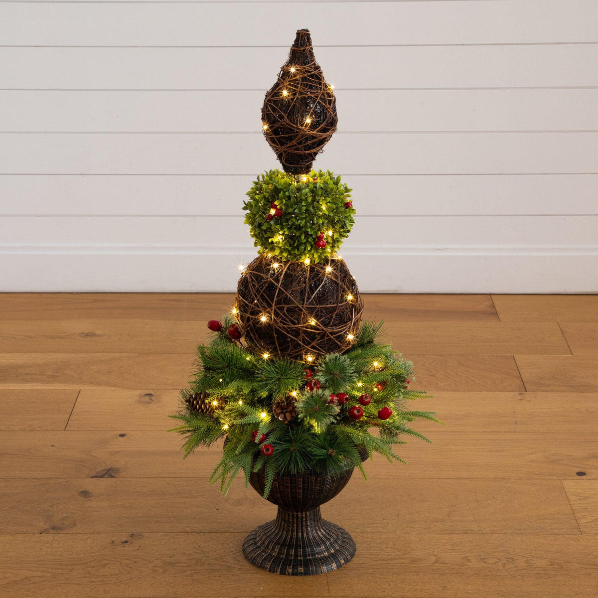 3’ Pre-Lit Artificial Finial Boxwood Ornament Mixed Pine Topiary Christmas Tree with 70 LED Lights in Decorative Urn