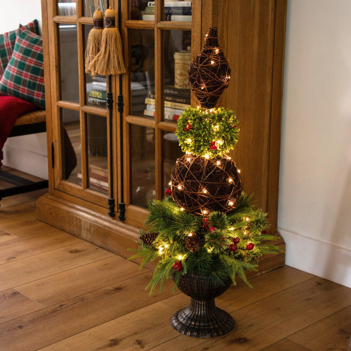 3’ Pre-Lit Artificial Finial Boxwood Ornament Mixed Pine Topiary Christmas Tree with 70 LED Lights in Decorative Urn