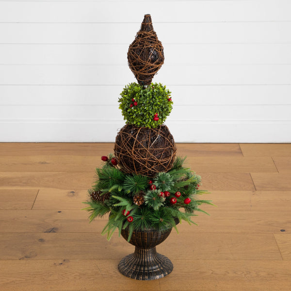 3’ Pre-Lit Artificial Finial Boxwood Ornament Mixed Pine Topiary Christmas Tree with 70 LED Lights in Decorative Urn